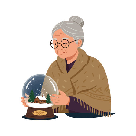 Elderly woman with gray hair in bun holds a snow globe showing a winter cabin and trees, wearing a brown shawl, peaceful mood.のイラスト素材
