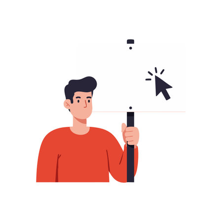 Illustration shows young man holding a blank protest sign while a cursor icon points at it, depicting digital activism concept, calm mood.のイラスト素材