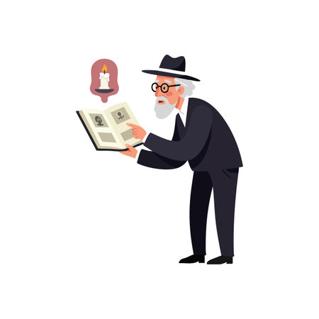 Elderly man with glasses and hat reads a book featuring skull images and a lit candle symbol, creating a mysterious atmosphere.のイラスト素材