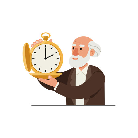 Illustration shows elderly man presenting large golden pocket watch with white hair and beard in calm expression. Simple and clear style, peaceful mood.のイラスト素材