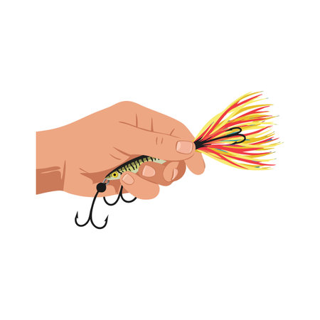 Hand holds a colorful feathered fishing lure with hooks, ready for use in outdoor angling activities, evoking a focused and calm mood.のイラスト素材