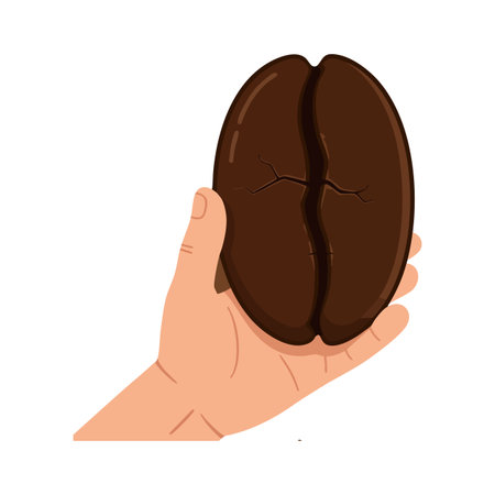 Vector illustration shows a hand holding an oversized brown coffee bean with natural cracks, highlighting coffee culture. Simple and clear mood.のイラスト素材