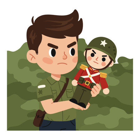 Illustration shows a boy holding a soldier toy doll dressed in green military attire with a camouflage background, conveying focus and determination mood.のイラスト素材