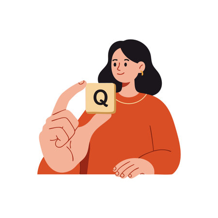 Illustration of a woman holding a letter Q block wearing an orange sweater in a casual pose with a calm expression. Calm mood.のイラスト素材