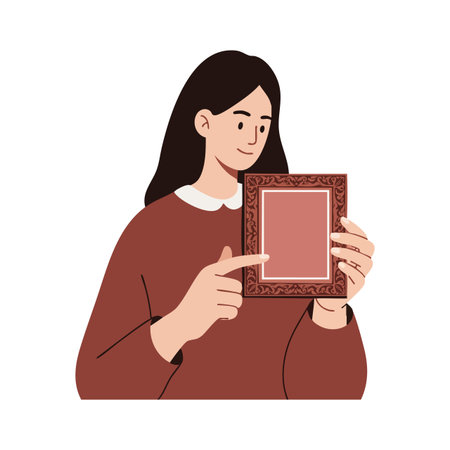 Illustration shows a woman with dark hair holding and pointing at a decorative photo frame in brown colors, conveying focus and calm mood.のイラスト素材