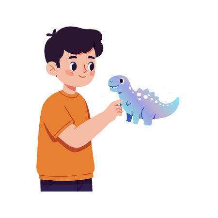 A boy in an orange shirt plays with a blue dinosaur toy, showing curiosity and joy in a colorful vector style. Cheerful mood.のイラスト素材