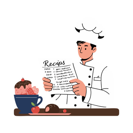 Illustration shows a chef in white uniform reading a recipe card while standing by a table with dessert and fruits, creative mood.のイラスト素材