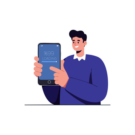 Illustration of a man holding a smartphone with a blank screen, presenting a mobile device concept in a simple flat style. Cheerful mood.のイラスト素材