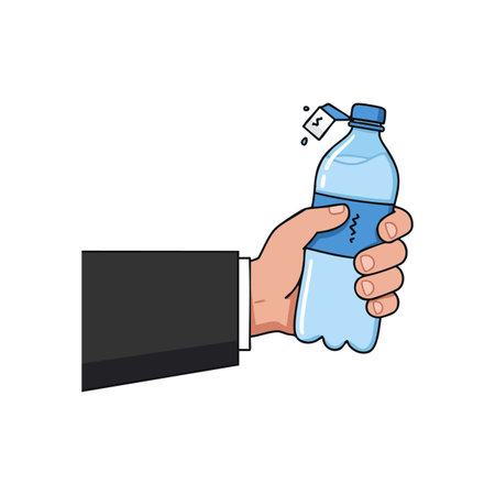 Hand wearing black suit holds a plastic water bottle with a blue label in a simple vector style, conveying refreshment and hydration mood.のイラスト素材
