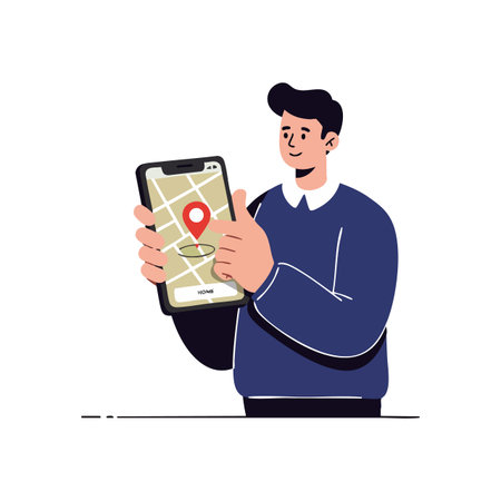 Illustration shows a man using smartphone with navigation map and location pin on screen, suggesting direction and travel, cheerful mood.のイラスト素材