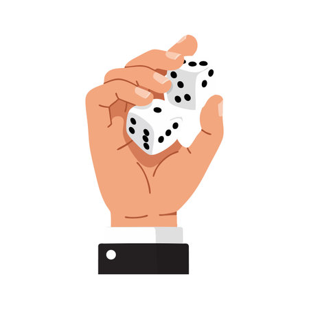 Illustration shows a hand holding two white dice with black dots symbolizing gaming, luck, and chance in a clean vector style. Calm mood.のイラスト素材