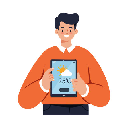 Man holds a tablet showing a sunny cloud and 25 degrees Celsius weather forecast, smiling with bright orange clothing, digital modern mood.のイラスト素材