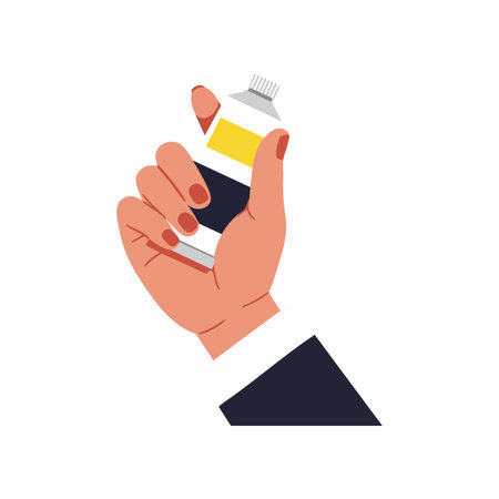 Illustration shows a hand with red fingernails holding a paint tube, wearing a black sleeve, in a simple flat style. Creative mood.のイラスト素材