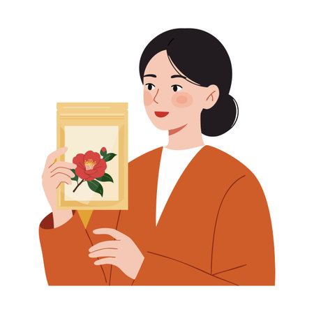 Woman in orange coat holds a floral package featuring a camellia flower illustration in a calm and pleasant mood.のイラスト素材