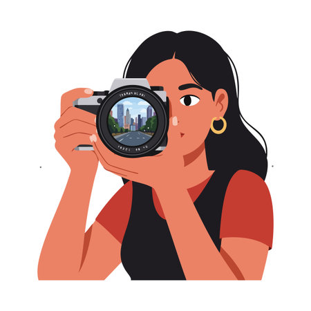 A woman with dark hair holds a camera, focusing on a detailed city skyline through the lens, creating a creative and focused mood.のイラスト素材