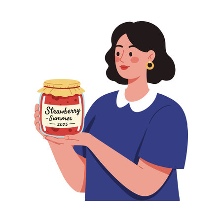 Illustration shows a woman in a blue shirt holding a jar of strawberry jam labeled summer 2025, conveying freshness and seasonal enjoyment. Cheerful mood.のイラスト素材
