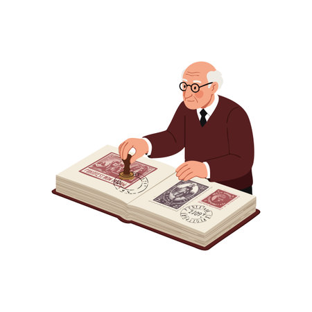 Illustration shows an elderly man with glasses and sweater stamping vintage postage stamps in an open album, depicting a calm, focused mood.のイラスト素材