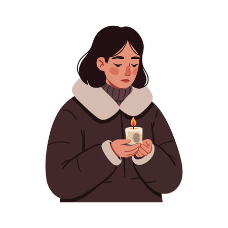 Illustration of a woman in a brown winter coat holding a lit candle, expressing calm and contemplation. The mood is serene and reflective.のイラスト素材