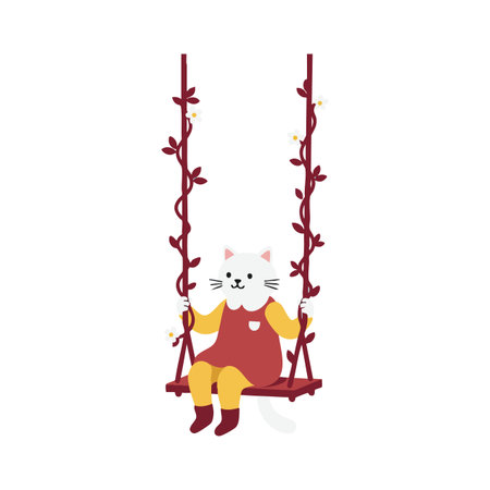 White cat wearing red dress and yellow outfit swings on red vine-decorated swing in a playful and cheerful mood vector illustration.のイラスト素材