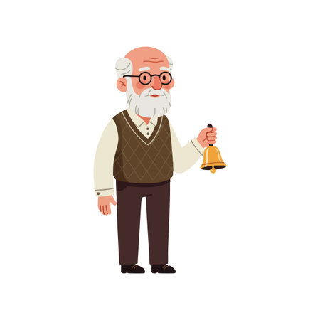 Illustration shows an elderly man with white beard, glasses, and brown vest holding a golden bell, standing calmly in a neutral pose, friendly mood.のイラスト素材