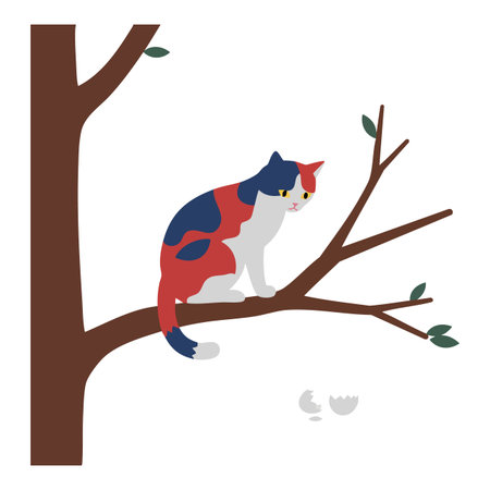 Vector illustration shows a cat perched on a brown tree branch with green leaves and broken eggshells below in a calm scene. Simple and serene.のイラスト素材