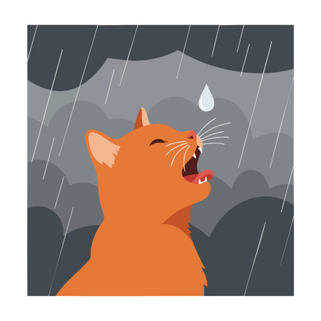Illustration shows an orange cat under heavy rain with dark clouds, focusing on a falling raindrop in a moody atmosphere.のイラスト素材