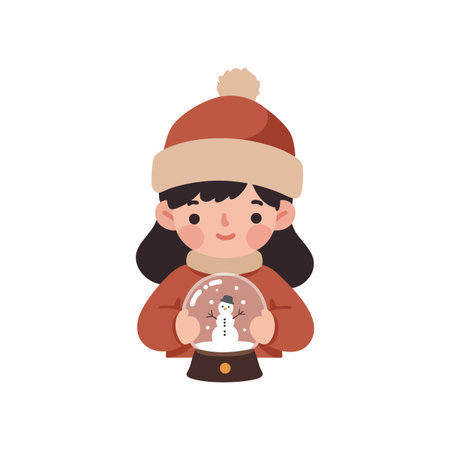 Girl in red winter hat and scarf holding a snow globe with a snowman inside, featuring warm colors and holiday spirit, cheerful moodのイラスト素材
