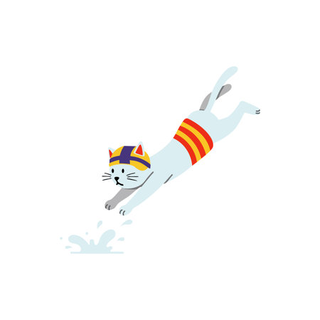 Vector illustration shows a white cat diving into water wearing a colorful striped cap and swimsuit, conveying playful and energetic mood.のイラスト素材