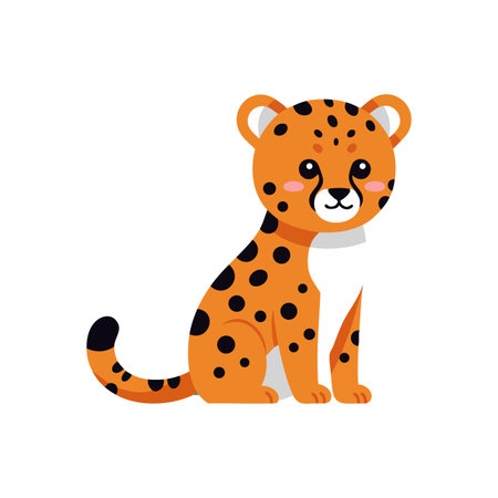 This vector illustration shows a cute orange leopard cub with black spots sitting calmly and happily in a cartoon style. Cheerful and playful mood.のイラスト素材