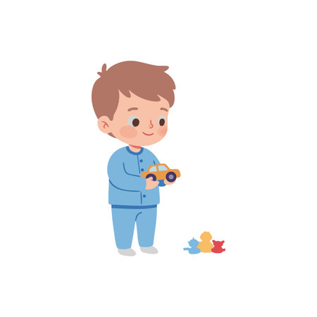 A young boy in blue pajamas plays with a yellow toy car and colorful rubber ducks, evoking innocence and playful mood.のイラスト素材