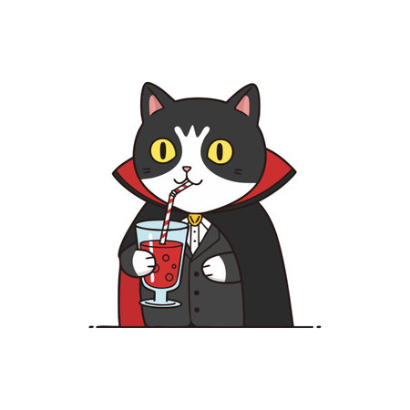 Cat wears black and red vampire cloak while sipping red juice through straw in a glass, showing a cute and playful Halloween spirit. Charming mood.のイラスト素材