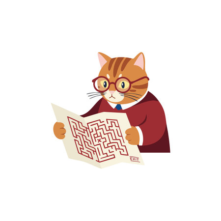 Cat character with glasses studies a maze puzzle on paper, symbolizing intelligence and problem solving in a clean vector style, playful mood.のイラスト素材