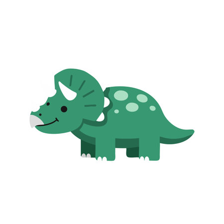 This vector shows a green triceratops dinosaur cartoon with spots, horns, and a friendly smile. The design is playful and adorable. Cheerful mood.のイラスト素材