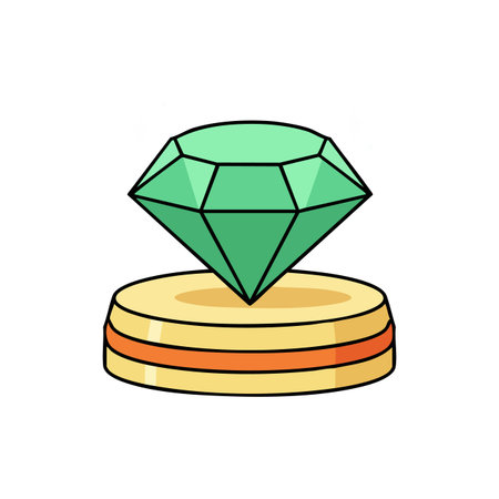 This vector shows a shiny green diamond gemstone set on a golden pedestal, symbolizing luxury and wealth in a clean style. Elegant.のイラスト素材