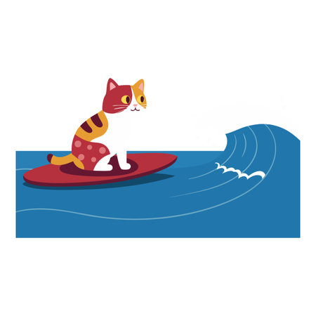 Vector image of a colorful cat sitting on a red surfboard riding a blue ocean wave, presenting a playful and fun mood.のイラスト素材