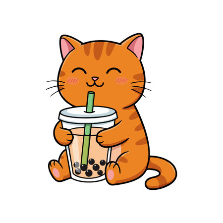 This vector shows a happy orange cat holding a bubble tea cup with a straw, featuring bright colors and a joyful mood. Cheerful.のイラスト素材