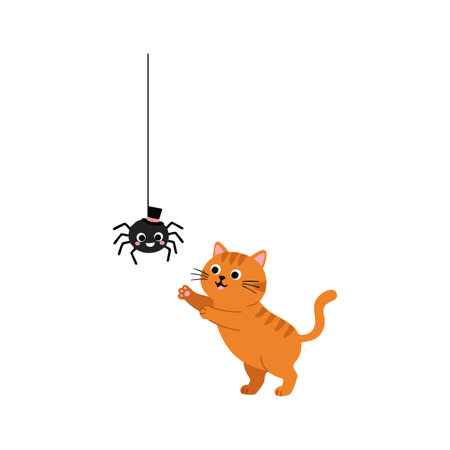 A lively orange cat tries to catch a smiling black spider hanging on a thread, portraying playful and curious pet interaction. Cheerful mood.のイラスト素材