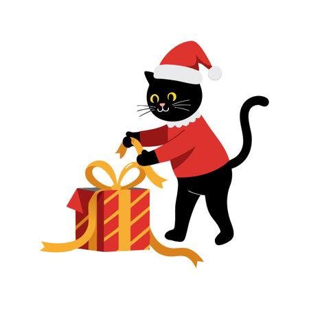 Black cat in red santa hat and sweater unwraps a gift box with yellow ribbon, celebrating festive holiday spirit in a cheerful mood.のイラスト素材
