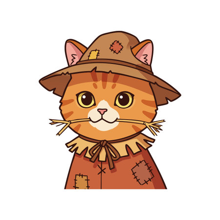 Vector image shows a cute orange cat dressed as a scarecrow with a brown hat and straw in its mouth, evoking autumn mood.のイラスト素材