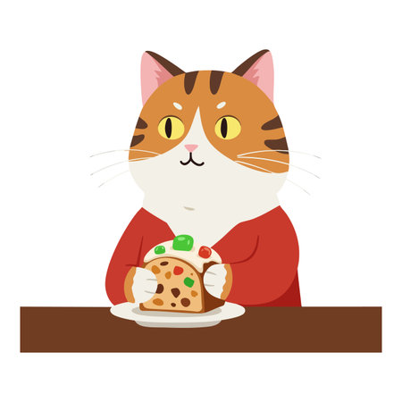 Cute cat with yellow eyes enjoys a colorful cake on a plate, sitting with focused expression in a simple setting. Cheerful mood.のイラスト素材