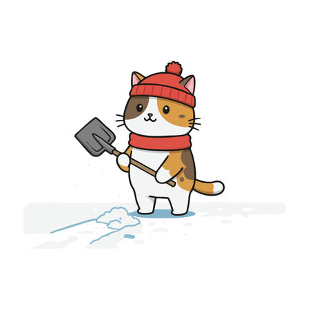 Cute calico cat stands in snow wearing a red hat and scarf while holding a shovel, depicting winter chill and cozy mood.のイラスト素材