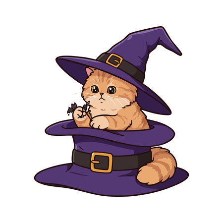 Adorable orange kitten sits inside a big purple witch hat holding a small black spider, perfect for Halloween themed designs. Playful mood.のイラスト素材