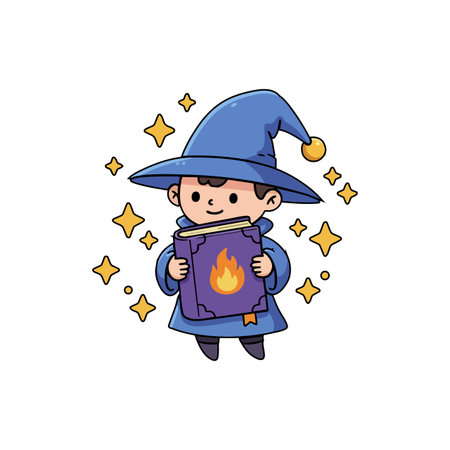Cartoon wizard boy wearing blue hat and robe holds a magical book with a fire symbol surrounded by glowing stars, creating a whimsical magical atmosphere.のイラスト素材