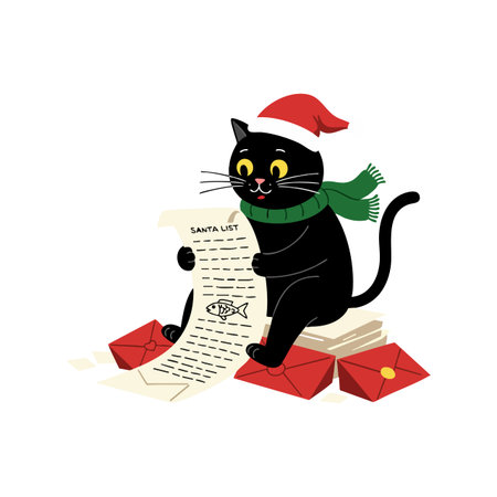 Black cat in Santa hat and scarf reads a long Santa list surrounded by red envelopes, capturing a cheerful holiday spirit. Joyful mood.のイラスト素材