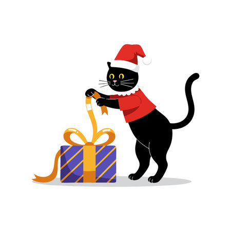 Black cat in Santa hat and red sweater unwraps a purple gift box with golden ribbon, celebrating Christmas joyfully. Cheerful and festive mood.のイラスト素材