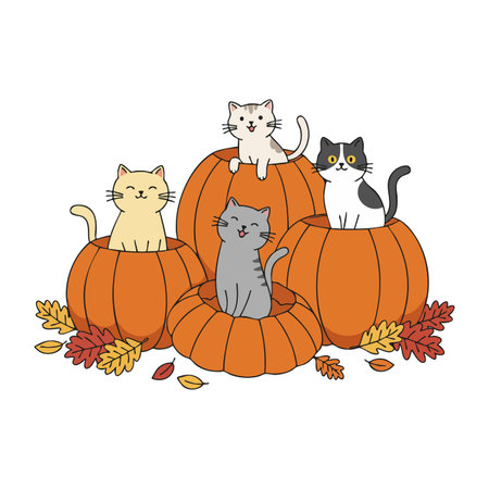 Four cats sit comfortably inside large pumpkins with colorful autumn leaves scattered around, evoking a cozy and festive fall atmosphere. Cheerful.のイラスト素材