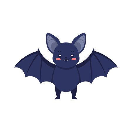 This vector image shows a cute dark blue cartoon bat with spread wings and a smiling face, creating a friendly and playful mood.のイラスト素材
