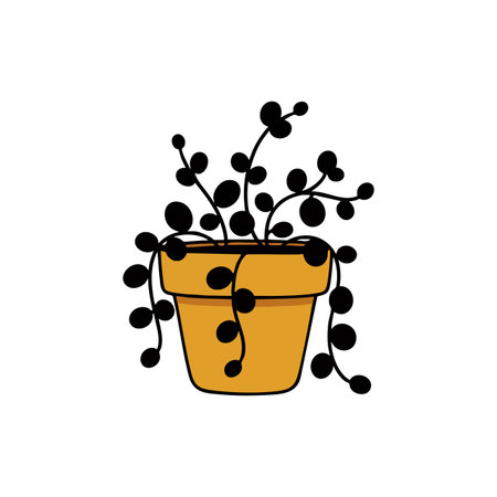 Vector illustration of a decorative potted plant with trailing round leaves in a terracotta pot, simple style, black and brown colors, minimalistic, charming mood.のイラスト素材