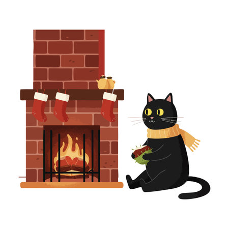 Illustration shows a black cat with a scarf sitting by a warm fireplace with stockings on a brick wall, creating a cozy winter feeling.のイラスト素材