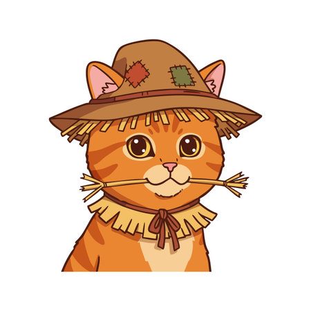 Illustration shows an orange tabby cat dressed as a scarecrow with straw in its mouth, wearing a patched hat, evoking autumn and harvest vibes, cheerful mood.のイラスト素材